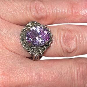 CW 925 Sterling Silver Marcasite & Purple Glass Statement Ring – Size 6
